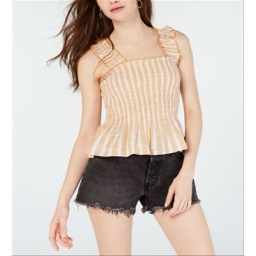 Market & Spruce Stitch Fix Yellow Striped Smocked Bodice Ruffle Strap Top 10